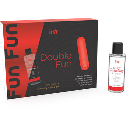 Close-up of the INTT Kit Duplo Fun with Bullet Vibrator and Strawberry Massage Gel, showing the vibrator's smooth ABS material and the gel bottle.