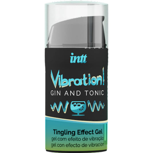INTT Estimulante Íntimo Líquido Vibrador Gel Gin & Tônico 15ml, embalagem e textura do produto.