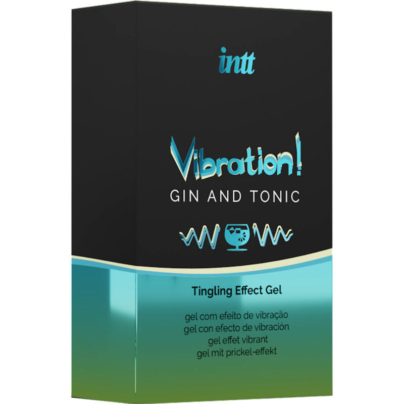 INTT Estimulante Íntimo Líquido Vibrador Gel Gin & Tônico 15ml, embalagem e textura do produto.