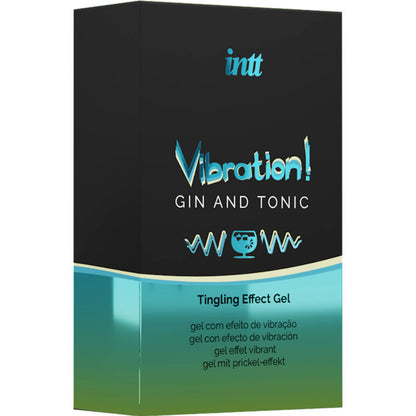 INTT Estimulante Íntimo Líquido Vibrador Gel Gin & Tônico 15ml, embalagem e textura do produto.