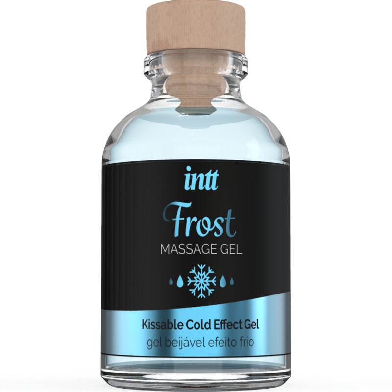 Frasco de INTT Gel de Massagem & Sexo Oral Menta Efeito Frio 30ml com tampa e rótulo, mostrando o design do produto.