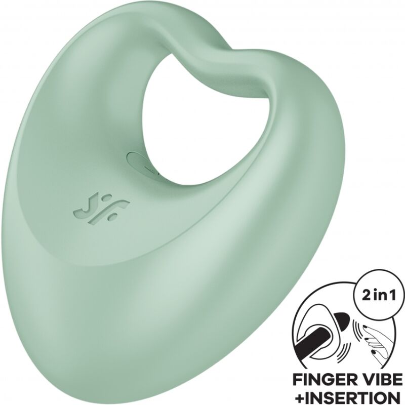 Close-up do Satisfyer Perfect Pair 3 Verde, mostrando seu design de coração e textura de silicone.