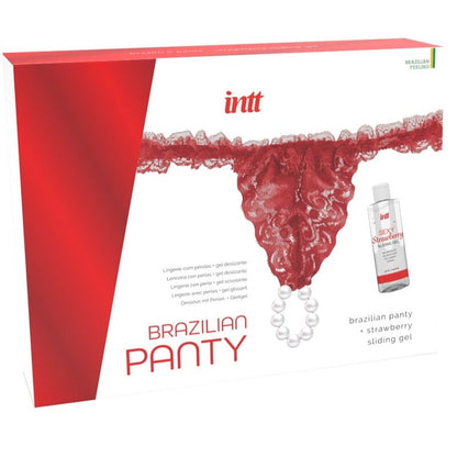 INTT Tanga Brasileira Vermelha com Pérolas e Gel Lubrificante Morango 50ml, detalhe da renda e das pérolas