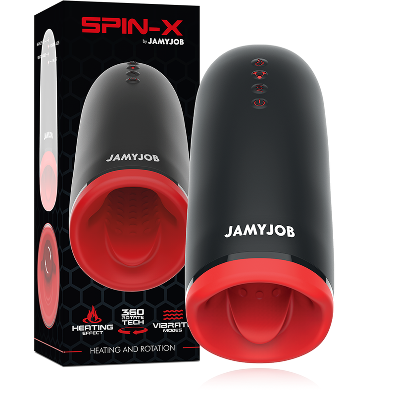 Close-up of the JAMYJOB Masturbador Masculino SPIN-X com Aquecimento e Rotação, showing its sleek black and red design and soft texture.