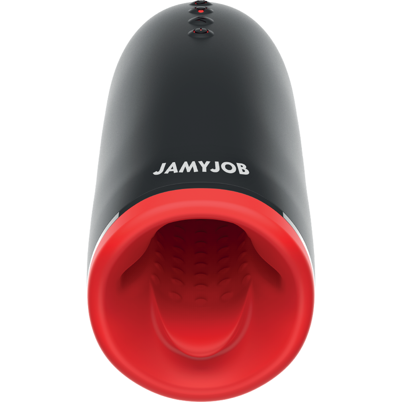 Close-up of the JAMYJOB Masturbador Masculino SPIN-X com Aquecimento e Rotação, showing its sleek black and red design and soft texture.