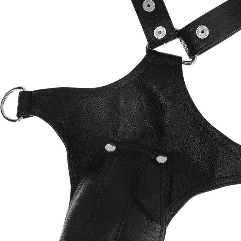 Arnês masculino FETISH SUBMISSIVE ATTITUDE de couro ecológico em V, detalhe do material e ajuste.