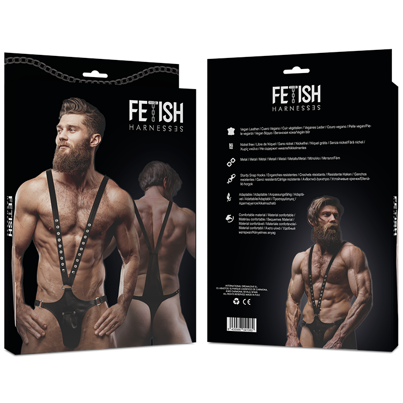 Arnês masculino FETISH SUBMISSIVE ATTITUDE de couro ecológico em V, detalhe do material e ajuste.