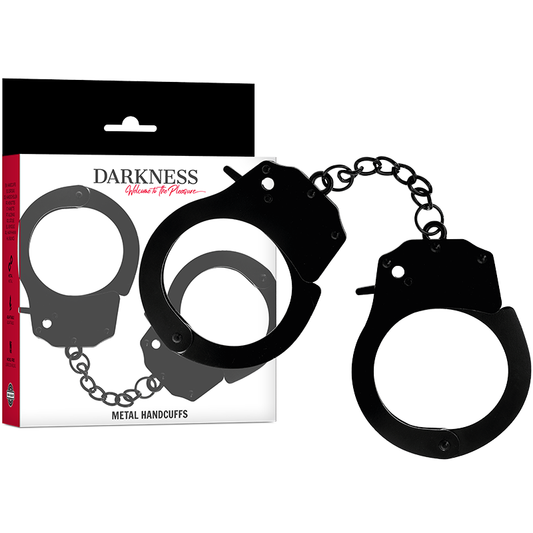 Algemas de metal pretas DARKNESS para bondage e BDSM, mostrando detalhes do acabamento e mecanismo de fecho.