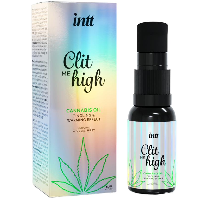 Imagem do INTT RELEASES Óleo Excitante Clitoriano Clit Me High Cannabis 15ml, realçando o frasco e a embalagem.