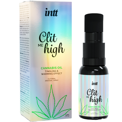 Imagem do INTT RELEASES Óleo Excitante Clitoriano Clit Me High Cannabis 15ml, realçando o frasco e a embalagem.