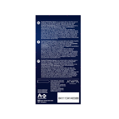Embalagem dos preservativos CONTROL Adapta Senso 12 UNIDADES, destacando o design ultrafino para maior sensibilidade.