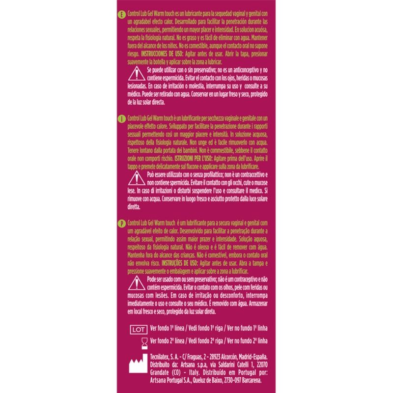 Detalhe do CONTROL Gel Lubrificante Efeito Calor Warm Touch 75 ML, mostrando a embalagem e a textura do produto.
