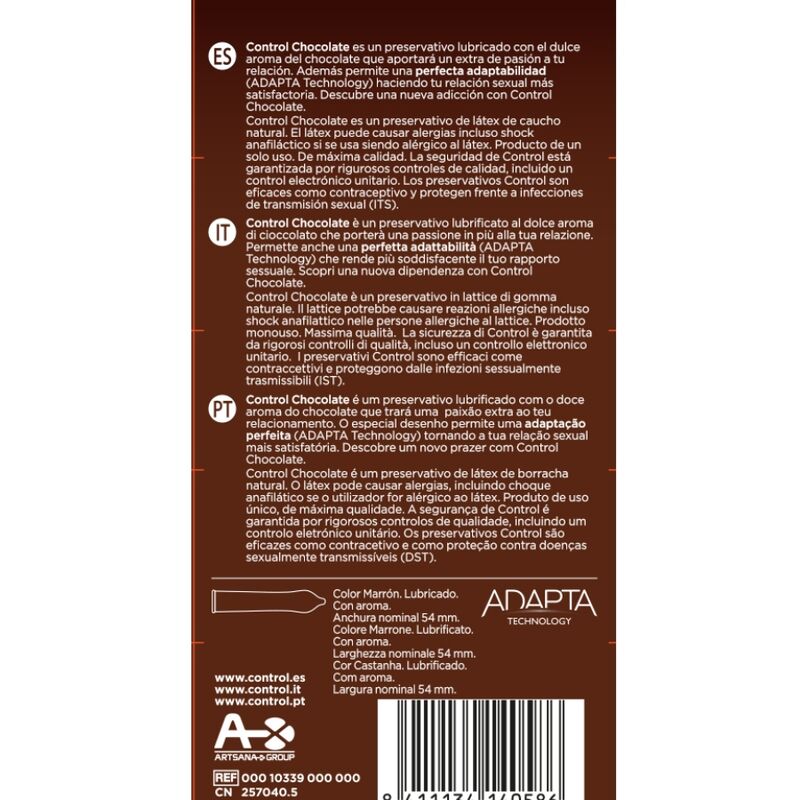 Preservativos CONTROL Adapta Sabor Chocolate 12 Unidades, imagem de embalagem e produto.