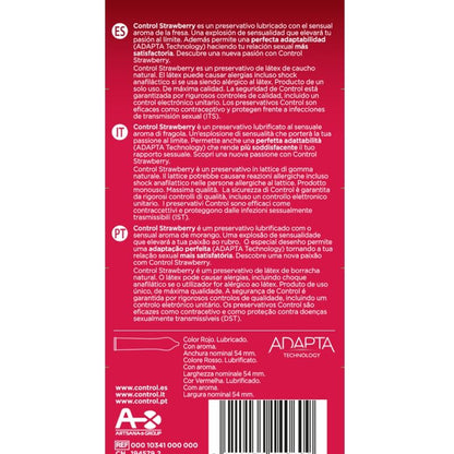 Embalagem de preservativos CONTROL Adapta Sabor Morango com 12 unidades, destacando o design e o sabor.