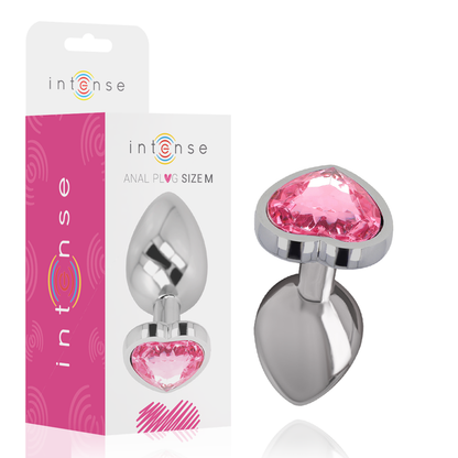 Close-up do Plug Anal Metálico Coração Rosa M Intense com joia de diamante, mostrando seu design luxuoso e material metálico.