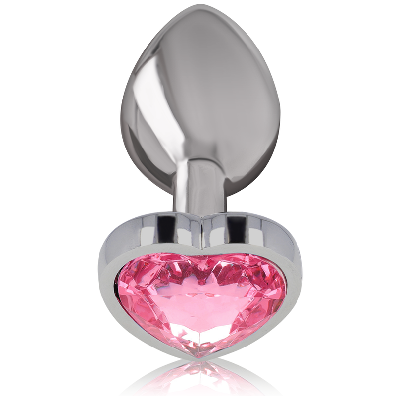 Plug Anal Intense de metal com coração rosa, detalhe da joia e material.