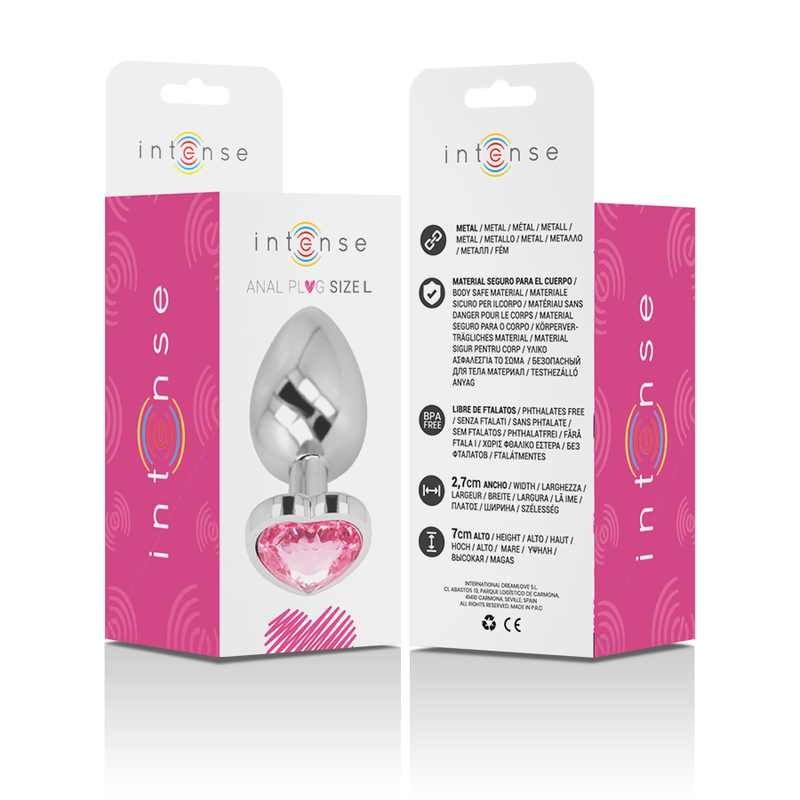 Plug Anal Intense de metal com coração rosa, detalhe da joia e material.