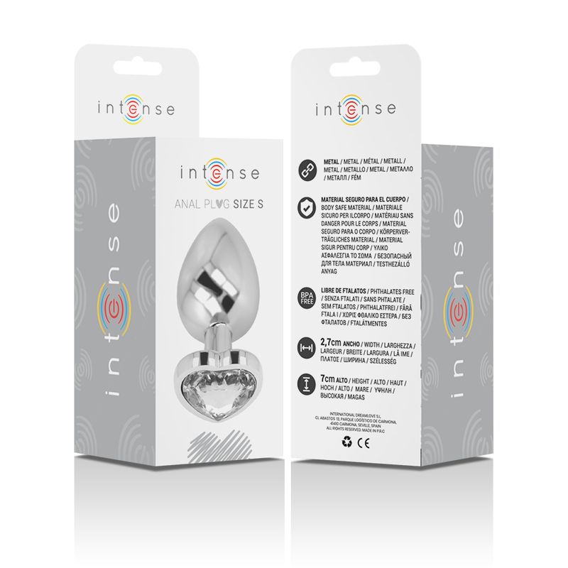 Close-up do Plug Anal Intense de Metal com Coração Branco, tamanho S, mostrando seu design luxuoso e material metálico.