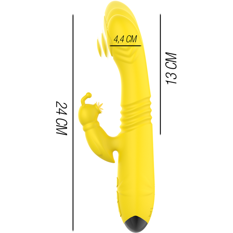 Vibrador multifunções INTENSE Toky amarelo com movimento cima/baixo e estimulador clitoriano, para prazer intenso.
