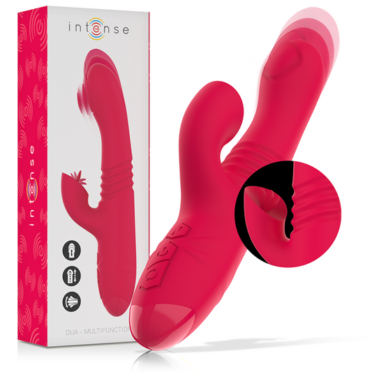 INTENSE Vibrador Dua Multifunção Up & Down Recarregável com Língua em vermelho, mostrando o design ergonómico e estimulador clitoriano.