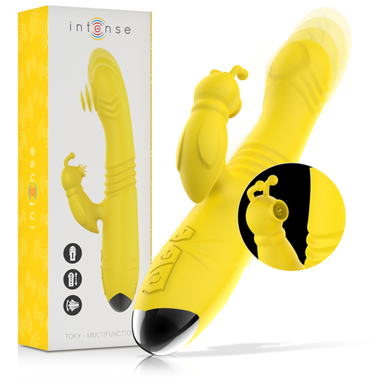Vibrador multifunções INTENSE Toky amarelo com movimento cima/baixo e estimulador clitoriano, para prazer intenso.