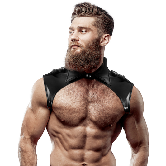Close-up of the FETISH SUBMISSIVE ATTITUDE Brigade Men's Vegan Leather Adjustable Chest Harness, showcasing its design and material.