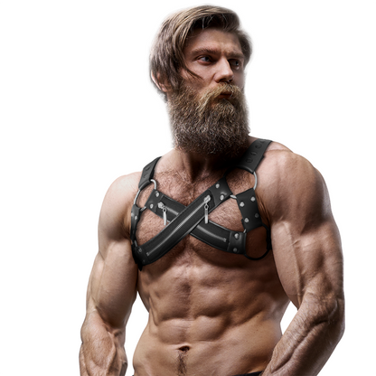 Arnês de Peito Bulldog FETISH SUBMISSIVE ATTITUDE de Neoprene ajustável para homens, destacando o design e os zíperes.