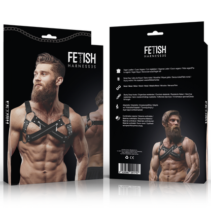 Arnês de Peito Bulldog FETISH SUBMISSIVE ATTITUDE de Neoprene ajustável para homens, destacando o design e os zíperes.