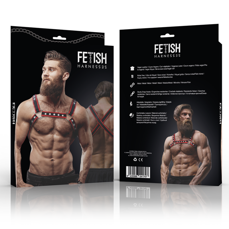Arnês masculino Bulldog da Fetish Submissive Attitude em couro ecológico preto e vermelho.