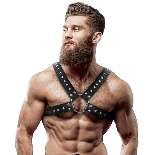 Arnês de peito masculino FETISH SUBMISSIVE ATTITUDE em couro ecológico com design cruzado e tachas.
