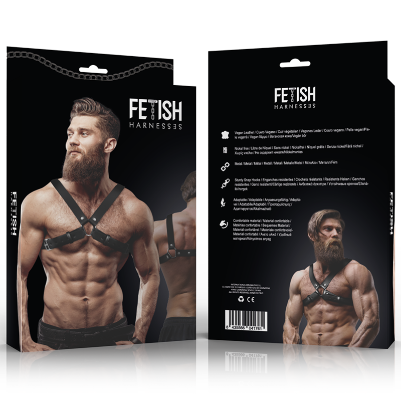 Detalhe do arnês de peito cruzado Fetish Submissive Attitude em couro ecológico ajustável para homens.