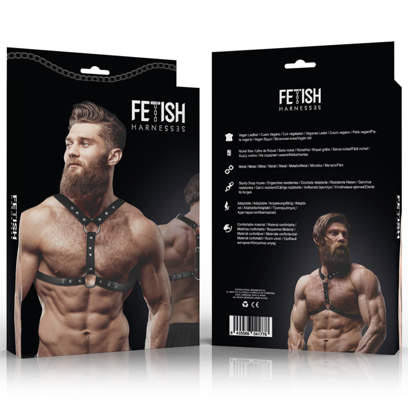 Arnês de peito masculino FETISH SUBMISSIVE ATTITUDE em couro ecológico com tachas e suporte duplo.