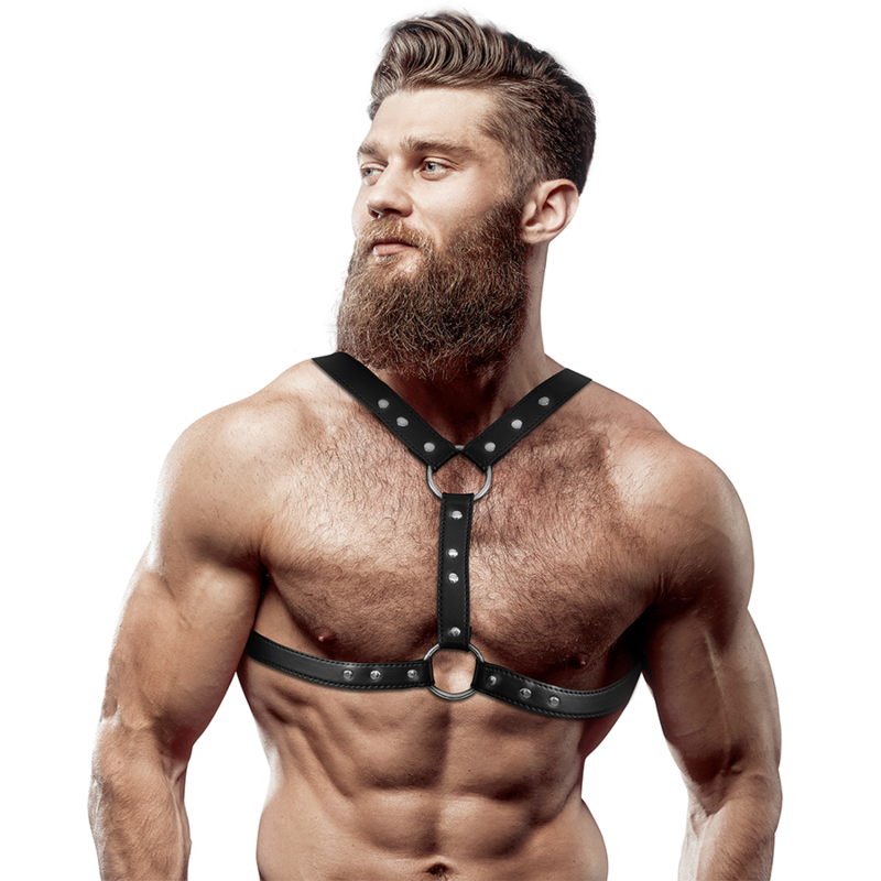Arnês de peito masculino FETISH SUBMISSIVE ATTITUDE em couro ecológico com tachas e suporte duplo.