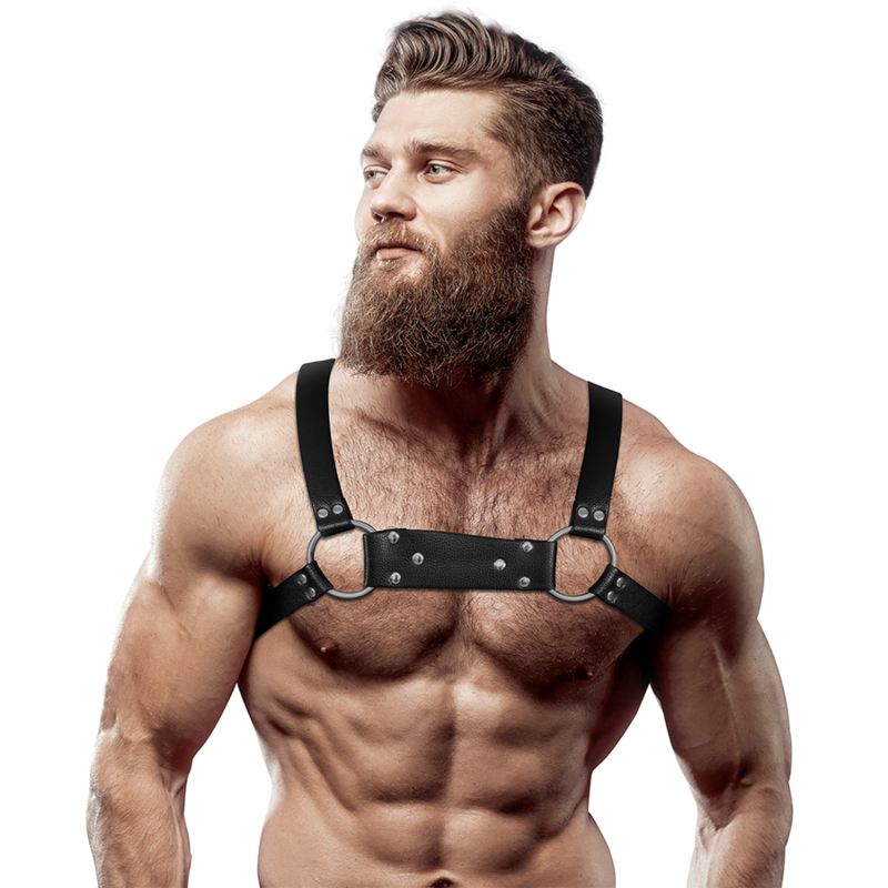 Arnês de peito masculino Fetish Submissive Attitude em couro ecológico ajustável M/G.