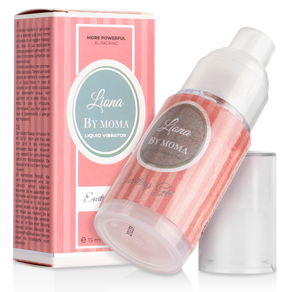 Embalagem do LIONA BY MOMA Gel Líquido Vibrador Efeito Excitante 15 ML, destacando o design e a marca.