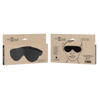 INTENSE FETISH Venda Olhos Vegana Couro Premium Ajustável, mostrando detalhes do material e elástico.