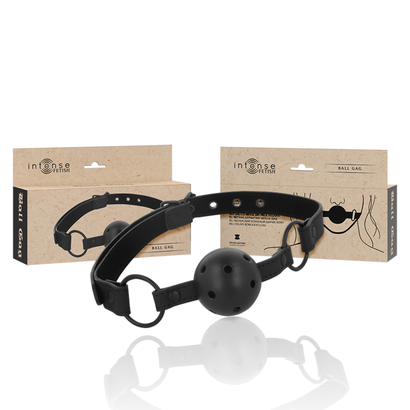 Mordaça de Bola INTENSE em Couro Vegano, vista detalhada do material e fivela ajustável.