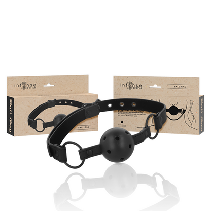Mordaça de Bola INTENSE em Couro Vegano, vista detalhada do material e fivela ajustável.