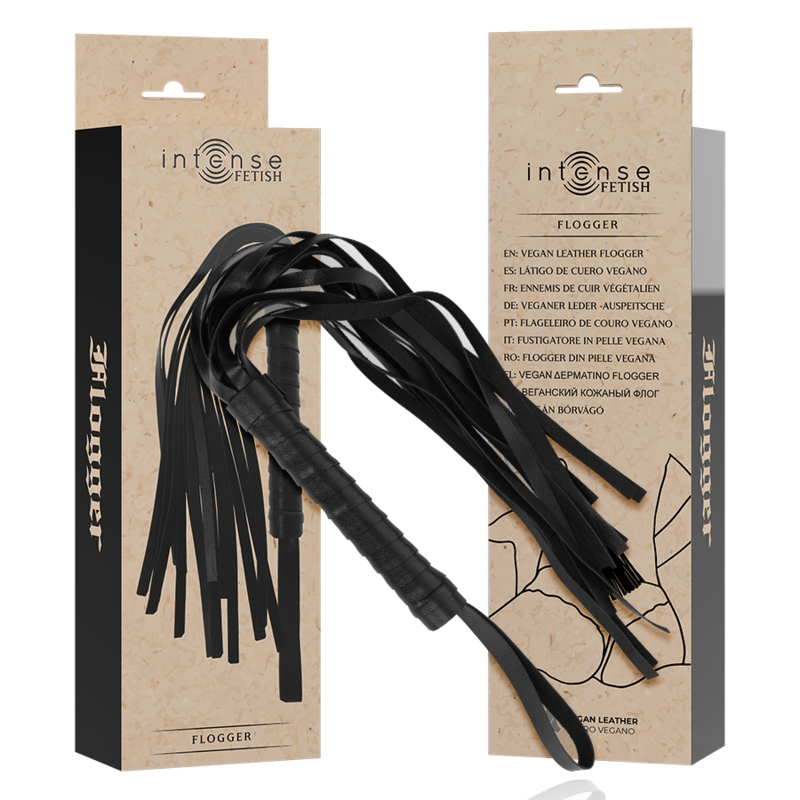 Close-up of the INTENSE FETISH Chicote Flogger de Couro Vegano, showing its texture and flexible straps.