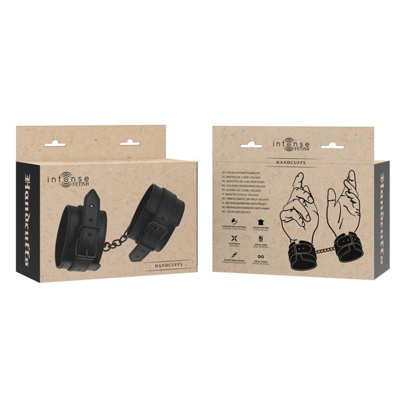 Algemas de Couro Vegano Ajustáveis Intense Fetish em detalhe, mostrando material e fivelas.