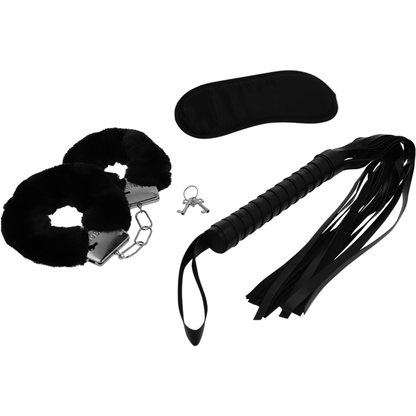 INTENSE FETISH Playset Erótico com algemas, máscara cega e flogger em couro vegano.