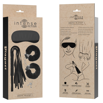 INTENSE FETISH Playset Erótico com algemas, máscara cega e flogger em couro vegano.