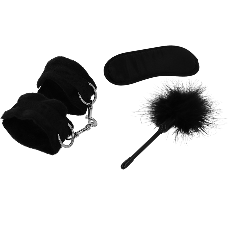 Conjunto erótico INTENSE FETISH com algemas, venda e tickler em couro vegano.