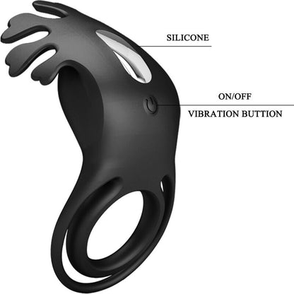 Anel Vibrador Peniano PRETTY LOVE Ruben de silicone preto com 7 funções de vibração e design duplo.