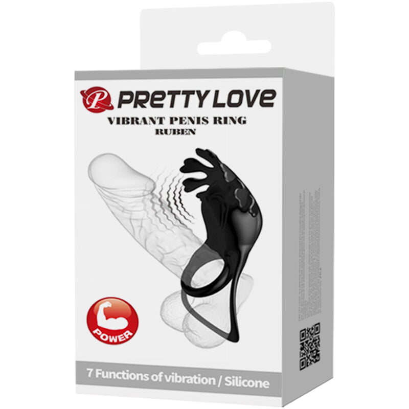 Anel Vibrador Peniano PRETTY LOVE Ruben de silicone preto com 7 funções de vibração e design duplo.