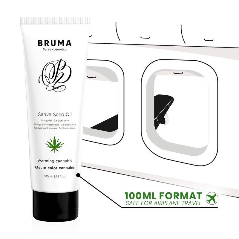 Embalagem do BRUMA Gel Deslizante Aquecedor Sabor Cannabis 100 ML, destacando o design e a descrição do produto.