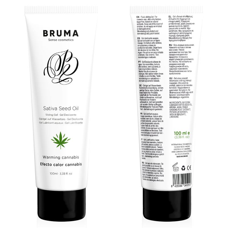 Embalagem do BRUMA Gel Deslizante Aquecedor Sabor Cannabis 100 ML, destacando o design e a descrição do produto.