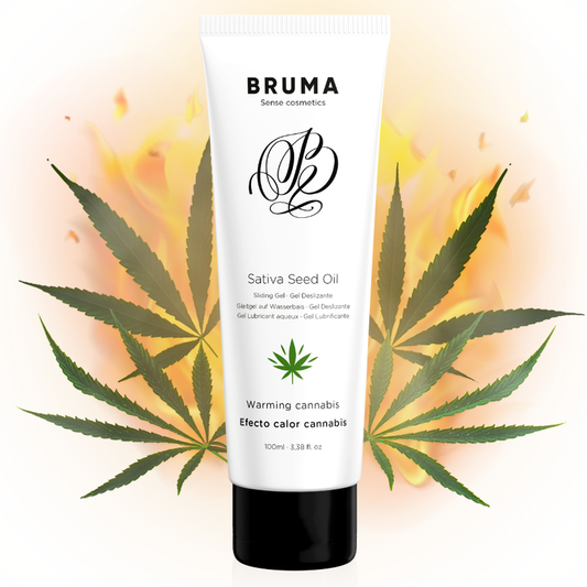 Embalagem do BRUMA Gel Deslizante Aquecedor Sabor Cannabis 100 ML, destacando o design e a descrição do produto.