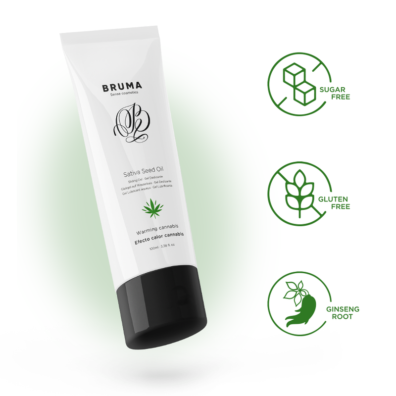 Embalagem do BRUMA Gel Deslizante Aquecedor Sabor Cannabis 100 ML, destacando o design e a descrição do produto.