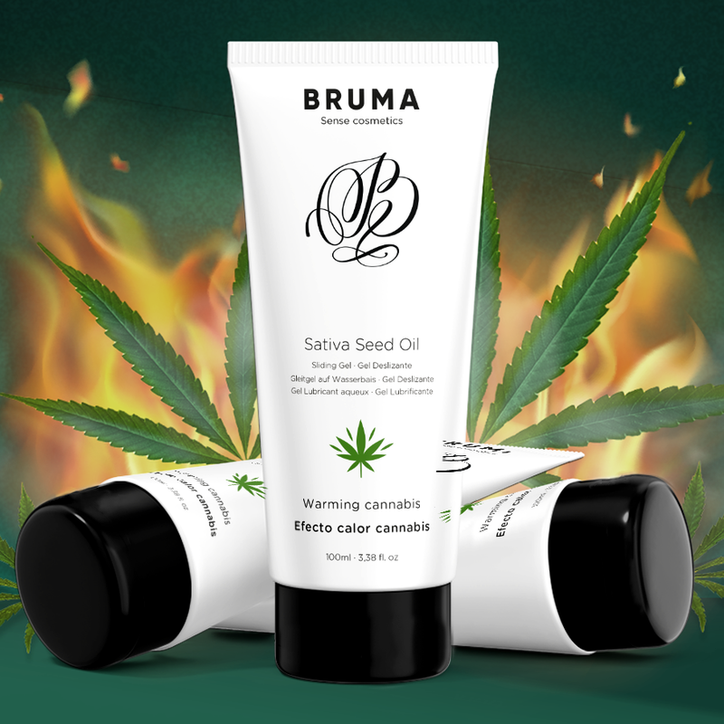 Embalagem do BRUMA Gel Deslizante Aquecedor Sabor Cannabis 100 ML, destacando o design e a descrição do produto.